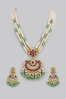 Gold Finish Ruby Stone & Pearl Mala Set