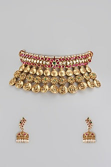 Gold Finish Red & Green Beaded Temple Choker Necklace Set