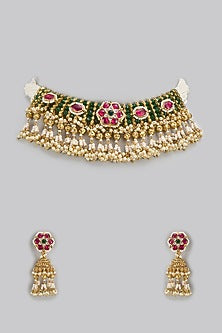 Gold Finish Pearl & Beaded Choker Necklace Set