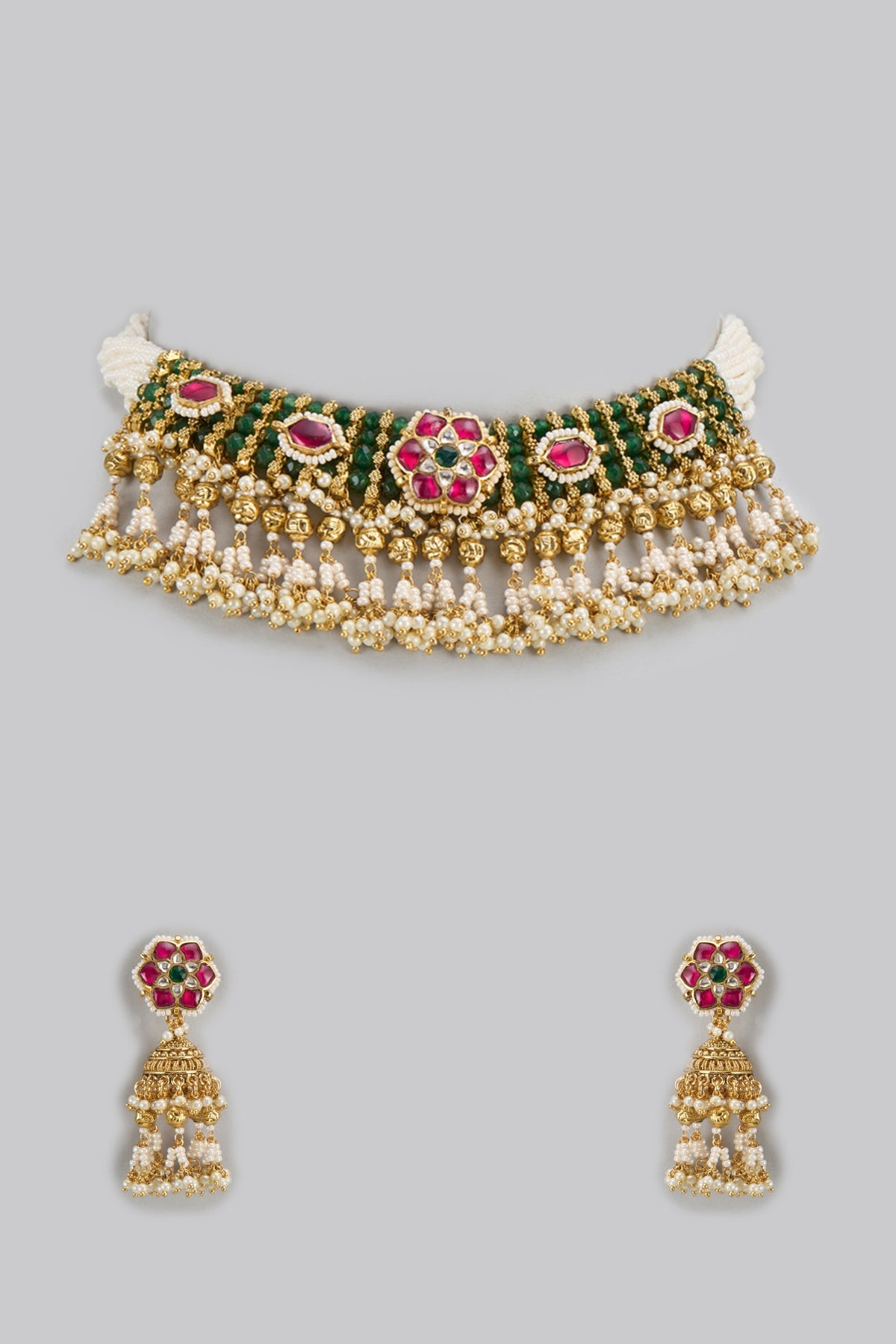 Gold Finish Pearl & Beaded Choker Necklace Set