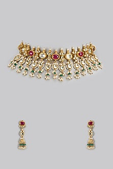 Gold Finish Kundan Polki & Beaded Choker Necklace Set