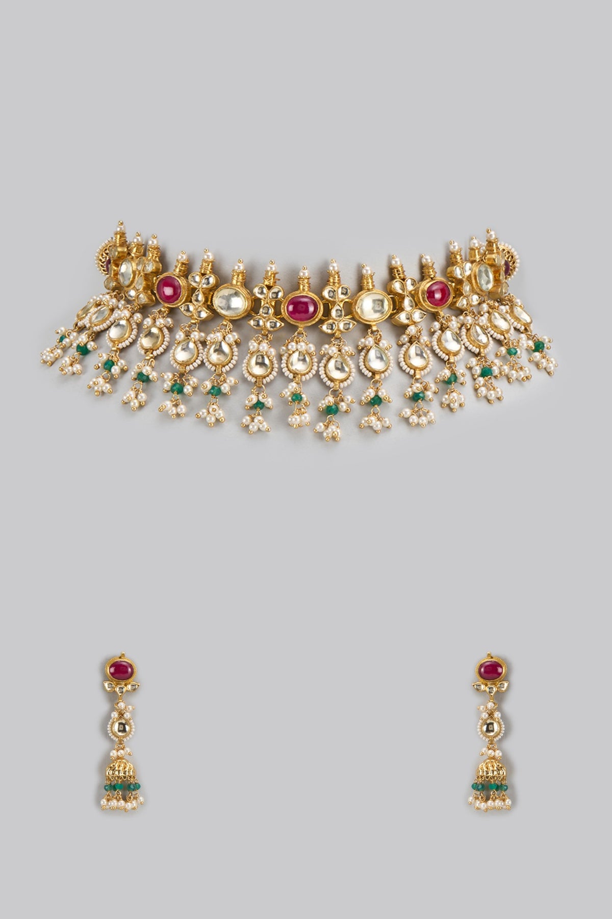 Gold Finish Kundan Polki & Beaded Choker Necklace Set