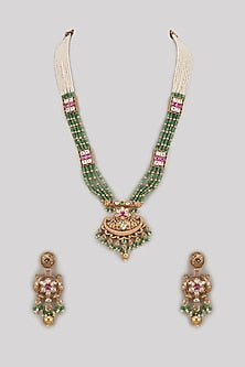 Gold Finish Multi-Colored Stone & Pearl Drop Long Pendant Temple Necklace Set