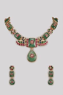 Gold Finish Kundan Polki & Green Synthetic Stone Long Necklace Set