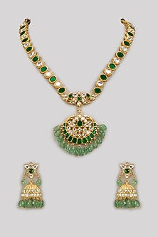 Gold Finish Pachi Kundan Polki & Emerald Stone Necklace Set