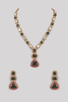 Gold Finish Kundan Polki & Green Stone Long Necklace Set