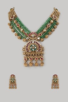 Gold Finish Kundan Polki & Green Stone Necklace Set