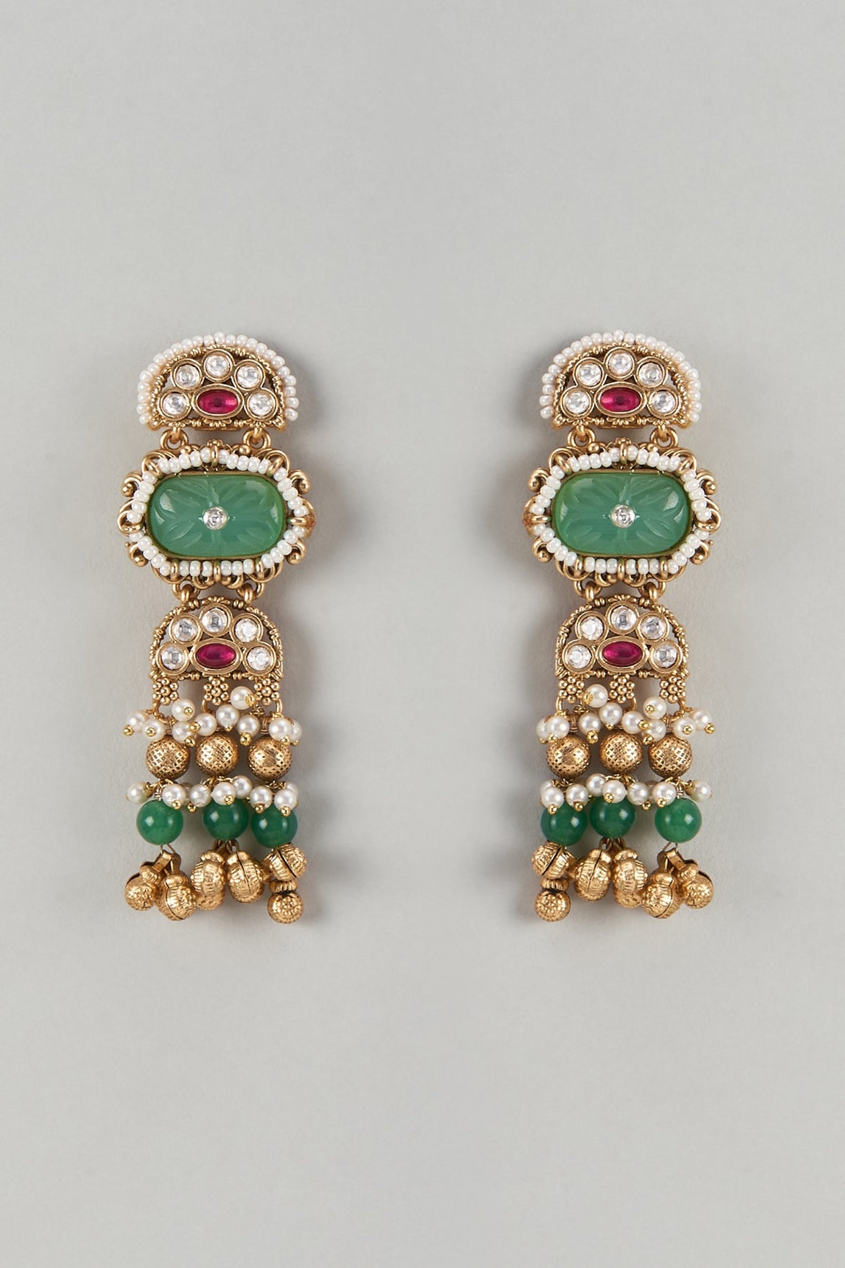Gold Finish Kundan Polki & Emerald Stone Dangler Earrings