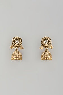 Gold Finish Uncut Zircon & Pearl Jhumka Earrings
