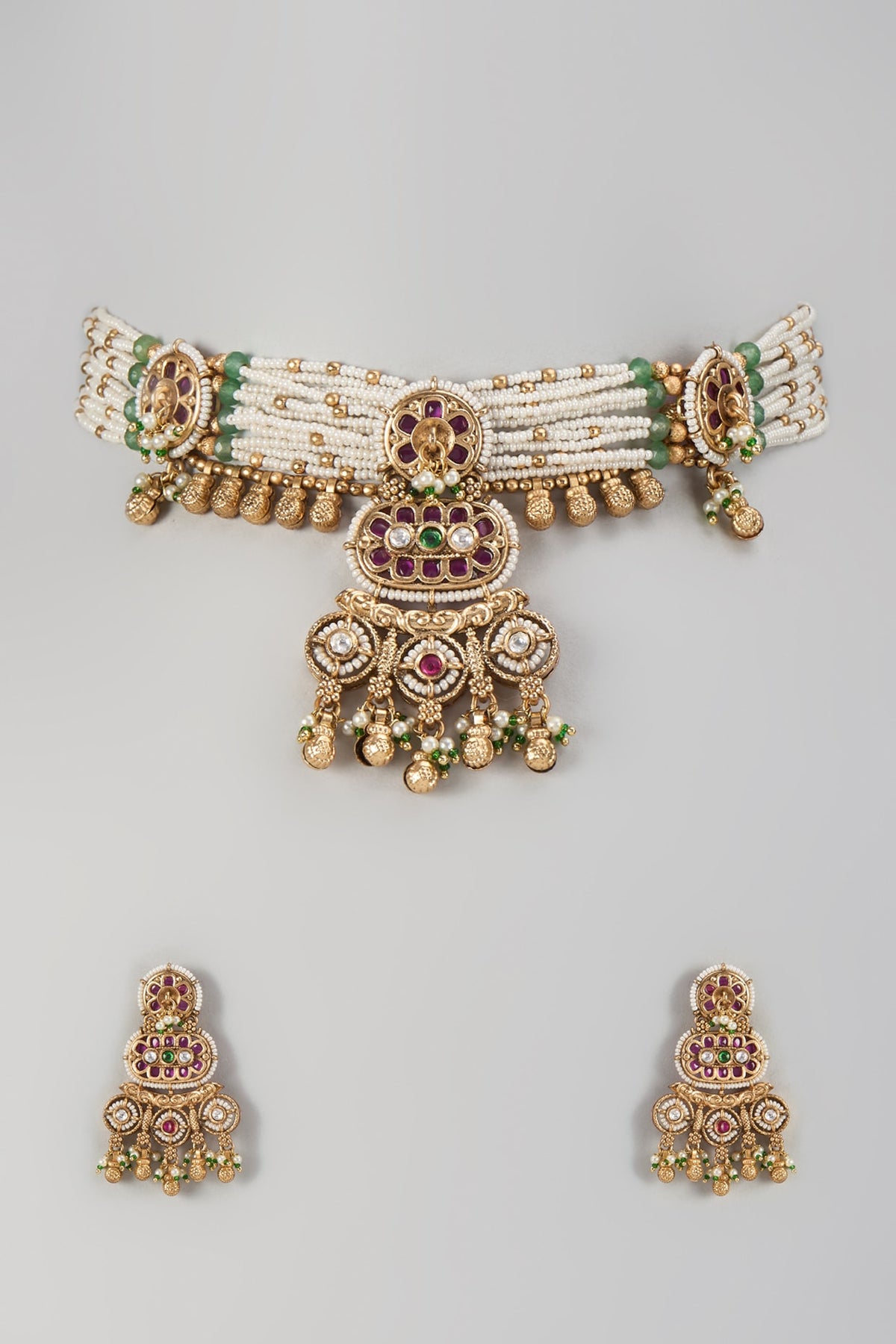 Gold Finish Green Stone & Kundan Polki Choker Necklace Set