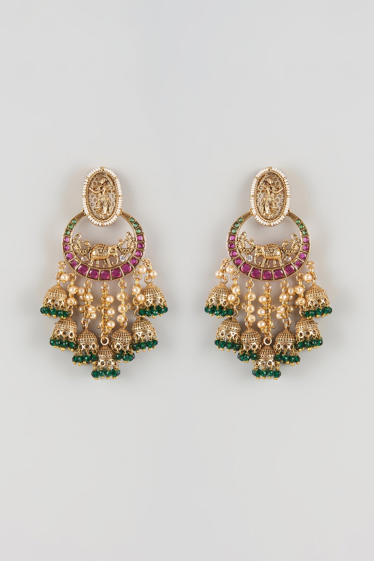 Antique Gold Finish Pearl & Ruby Stone Temple Dangler Earrings