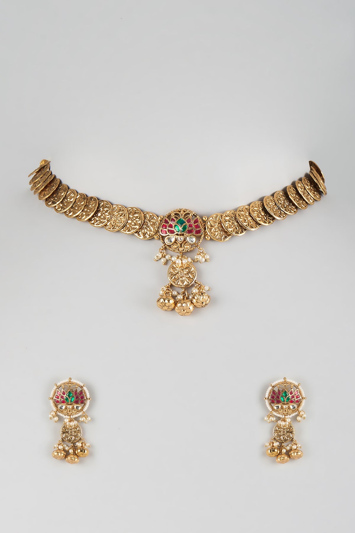 Antique Gold Finish Kundan Polki & Ruby Stone Temple Choker Necklace Set