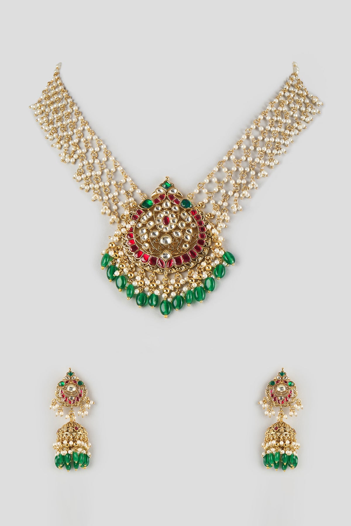 Gold Finish Kundan Polki & Ruby Stone Handcrafted Layered Necklace Set