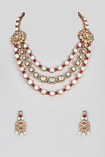 Micro Gold Finish Ruby Synthetic Stone Enameled Necklace Set