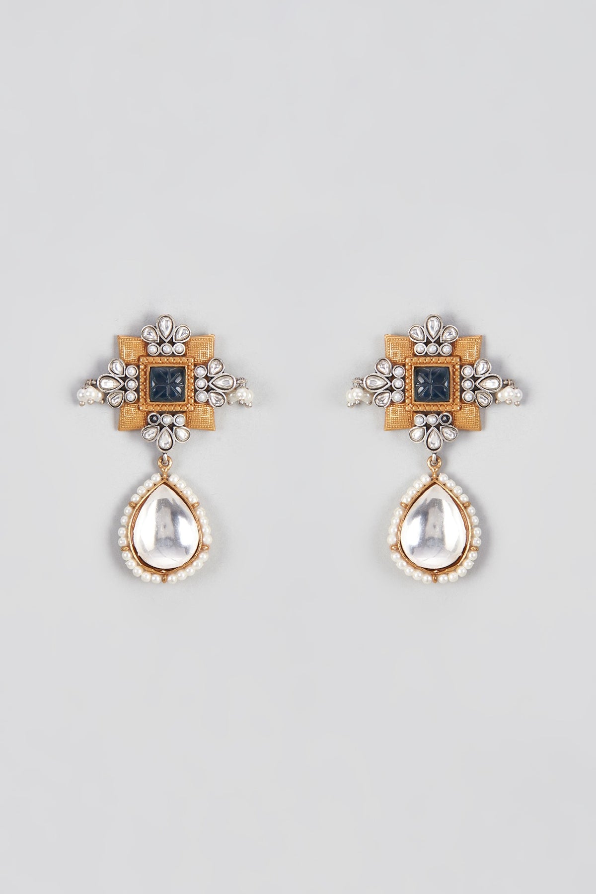Micro Gold Finish Kundan Polki & Blue Stone Dangler Earrings