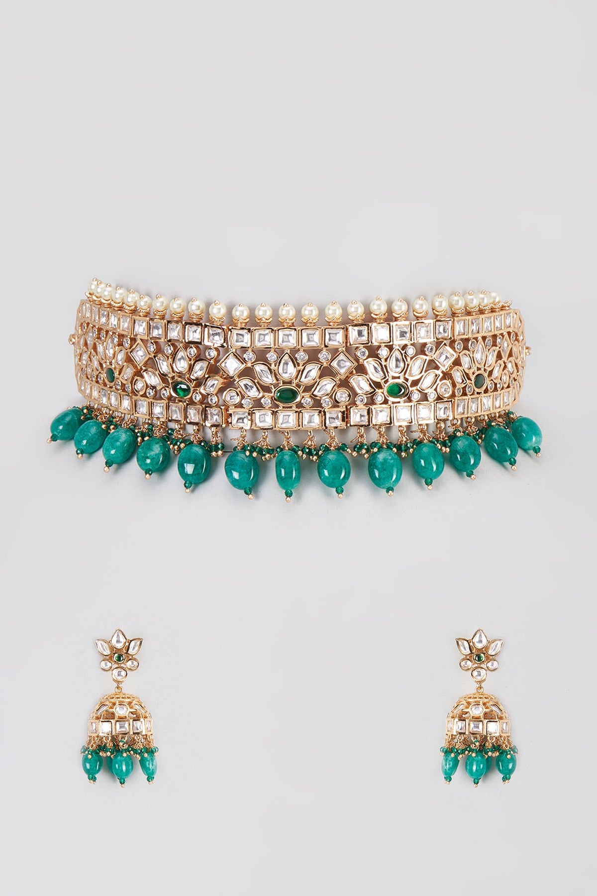 Micro Gold Finish Emerald Long & Short Layered Necklace Set