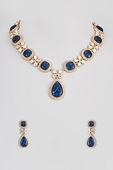 Micro Gold Finish Kundan Polki & Royal Blue Semi Long Necklace Set