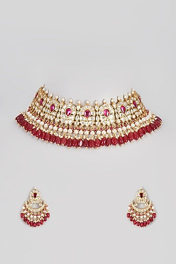 Micro Gold Finish Kundan Polki & Ruby Choker Necklace Set