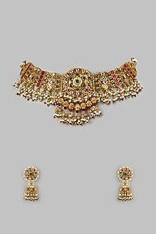 Gold Finish Kundan Polki & Emerald Stone Handcrafted Choker Necklace Set
