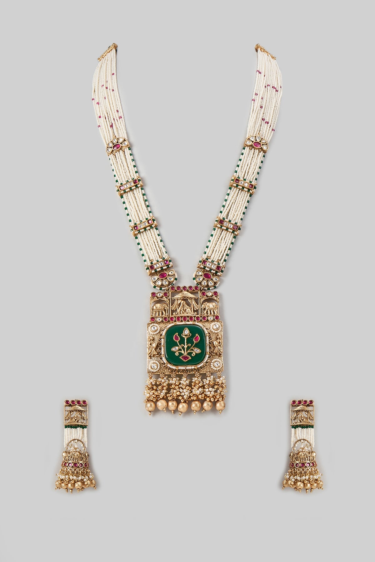 Gold Finish Emerald Stone & Uncut Zircon Long Pendant Necklace Set