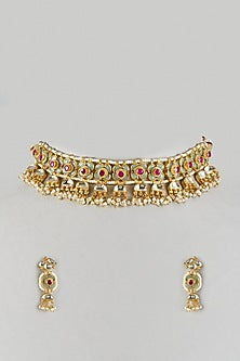 Gold Finish Uncut Stone & Ruby Choker Necklace Set