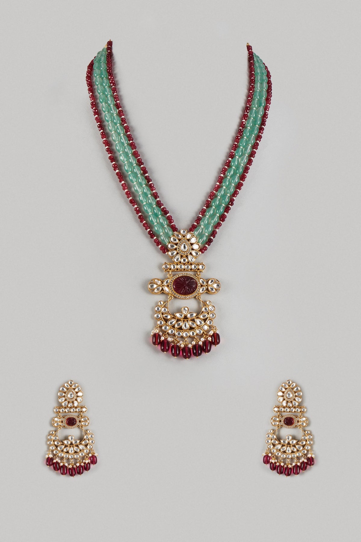 Gold Finish Maroon & Aqua Blue Beaded Long Pendant Necklace Set