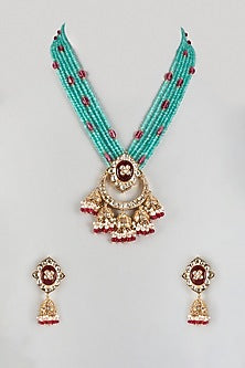 Gold Finish Maroon & Aqua Blue Beaded Long Pendant Necklace Set