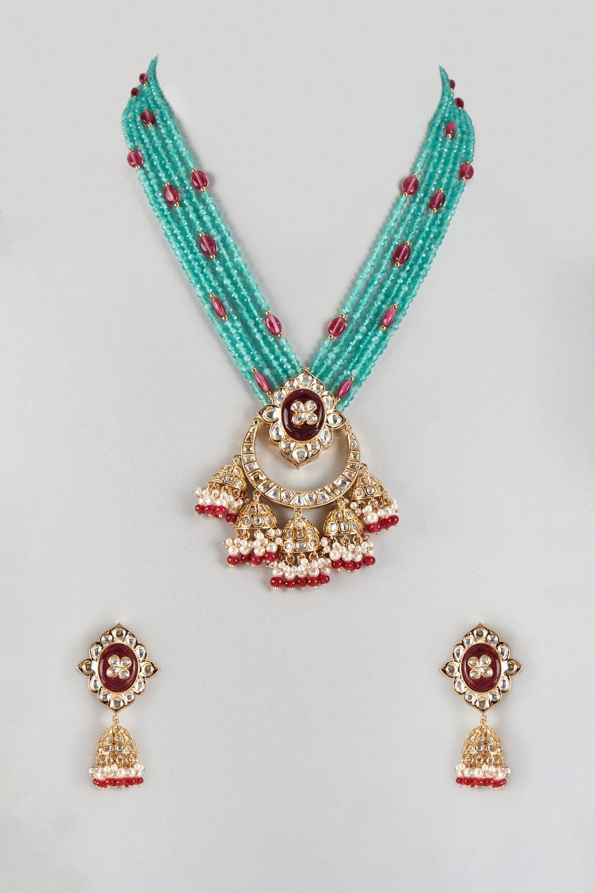 Gold Finish Maroon & Aqua Blue Beaded Long Pendant Necklace Set