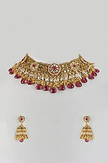 Gold Finish Kundan Polki & Maroon Droplet Choker Necklace Set