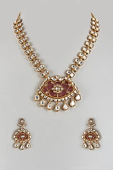 Gold Finish Uncut Stone & Ruby Long Necklace Set