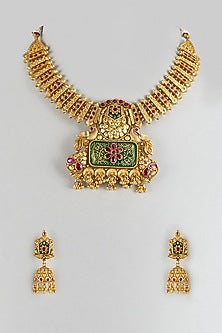 Gold Finish Red & Green Stone Temple Choker Necklace Set
