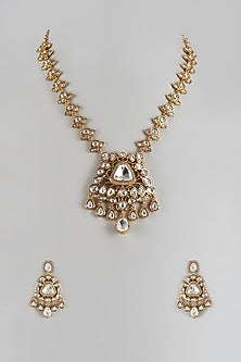 Gold Finish Uncut Stone & Ruby Long Necklace Set