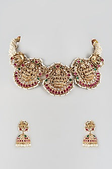 Gold Finish Ruby & Emerald Temple Jew Choker Necklace Set