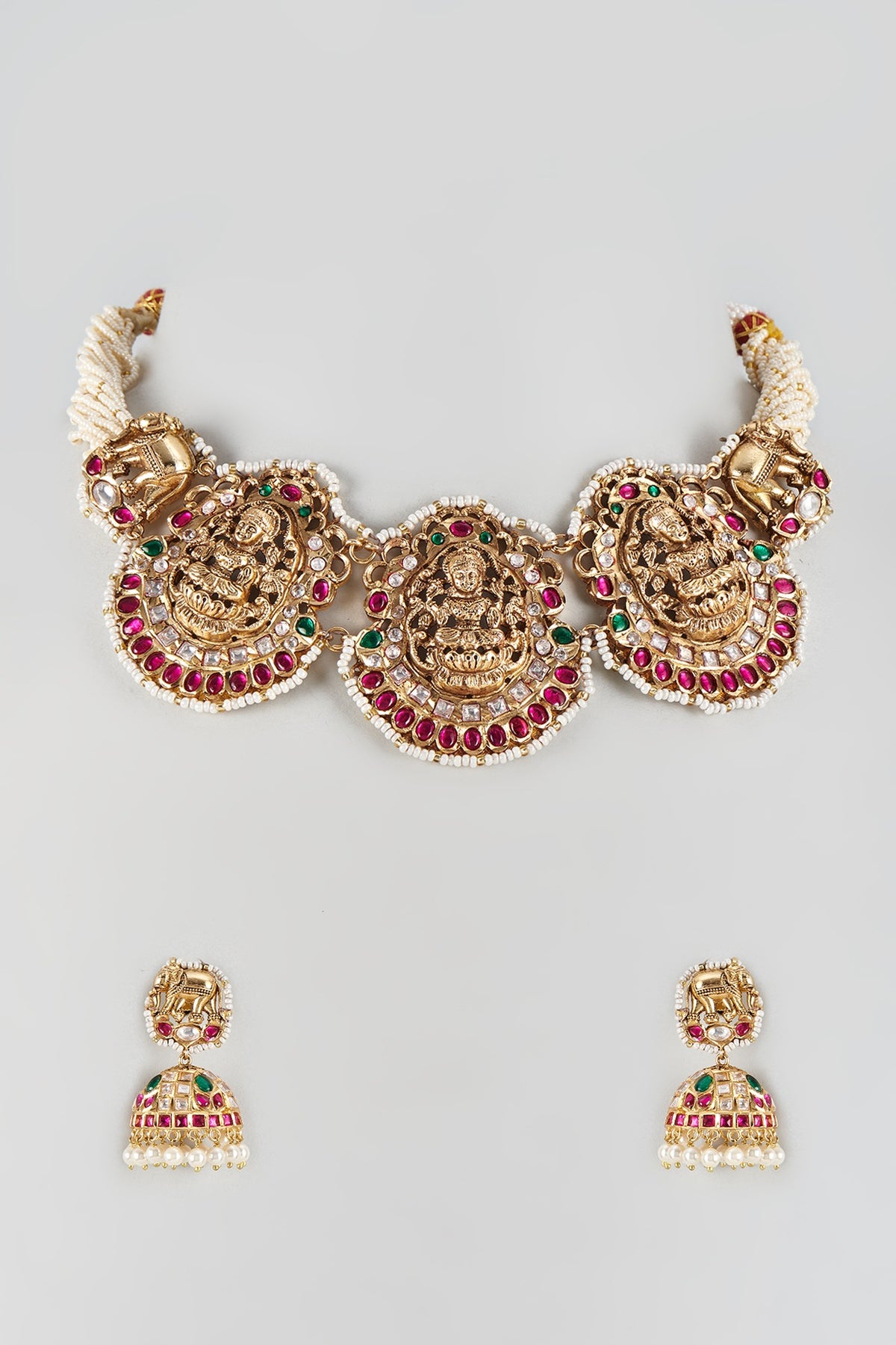 Gold Finish Ruby & Emerald Temple Jew Choker Necklace Set