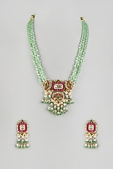 Gold Finish Ruby & Pista Green Beaded Long Pendant Mala Set