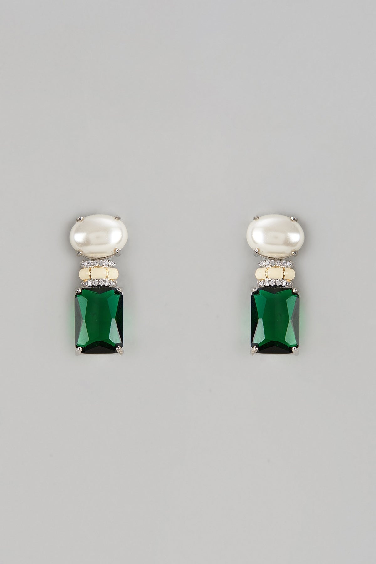 Gold Finish Synthetic Emerald Stone & Moti Stud Earrings
