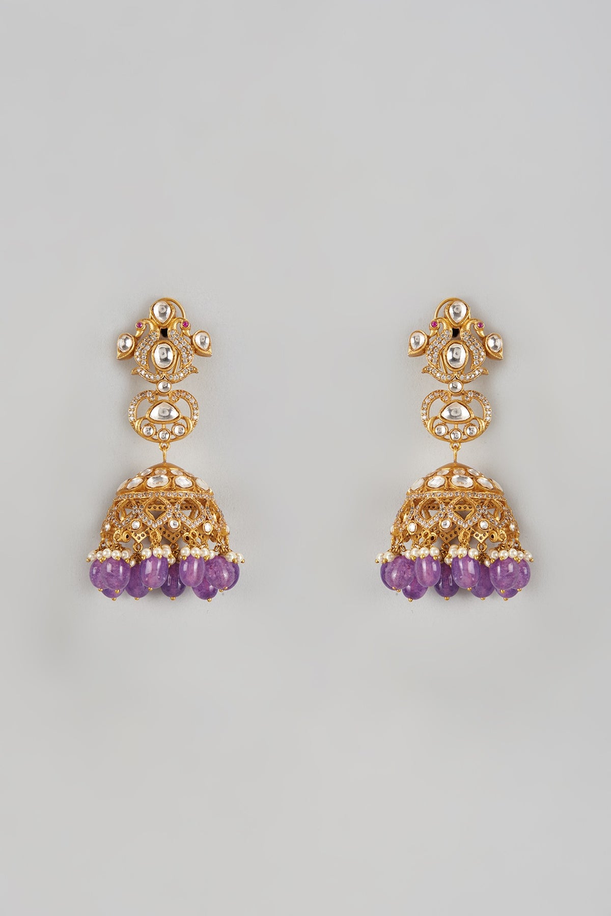 Gold Finish Uncut Stone & Purple Droplet Dangler Earrings