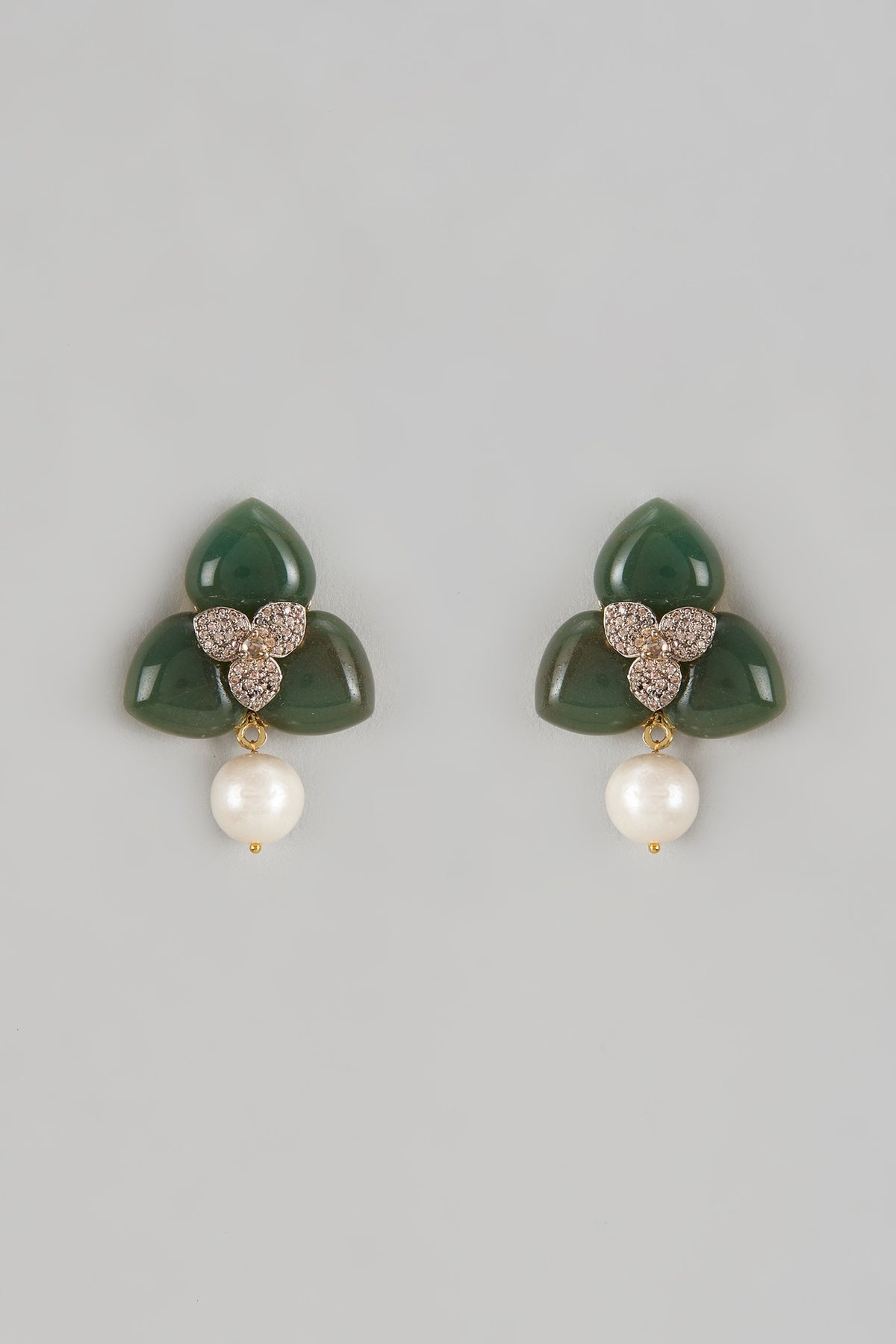 White Finish Emerald & Diamond Stud Earrings