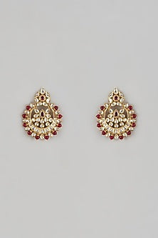 Gold Finish Uncut Stone & Maroon Droplet Chandbali Earrings