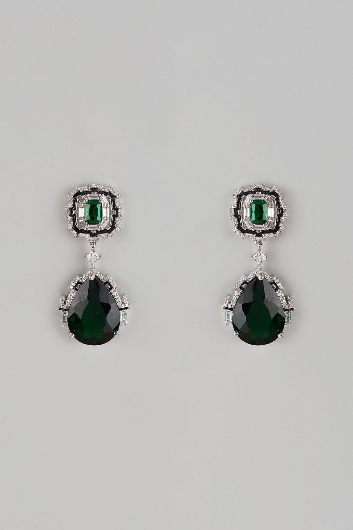 White Finish Synthetic Blue Sapphire Stone & Diamond Dangler Earrings