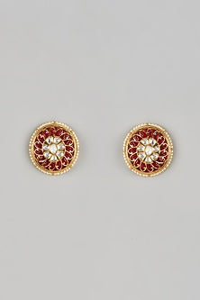 Gold Finish Uncut Ruby Stone Stud Earrings