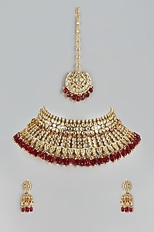 Gold Finish Uncut Ruby Stone Choker Necklace Set