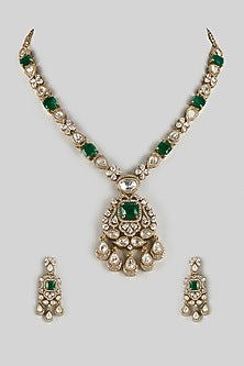 Black Rhodium Finish Synthetic Emerald Stone Necklace Set