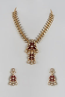 Gold Finish Uncut & Carved Stone Long Necklace Set