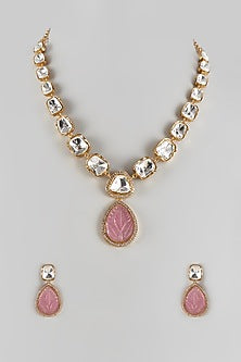 Gold Finish Uncut & Pink Stone Long Necklace Set
