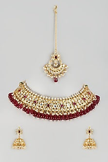 Gold Finish Uncut Stone & Maroon Drop Choker Necklace Set