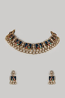 Gold Finish Kundan Polki & Dark Blue Stone Choker Necklace Set