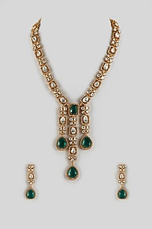 Gold Finish Kundan Polki & Emerald Stone Long Necklace Set