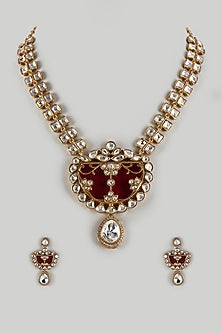 Gold Finish Kundan Polki & Wine Stone Long Necklace Set