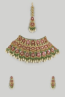 Gold Finish Emerald & Ruby Stone Choker Necklace Set